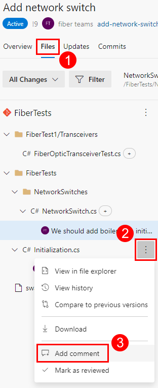 Azure Repos P R'nin Dosyalar sekmesindeki dosya ağacı bağlam menüsünün ekran görüntüsü.