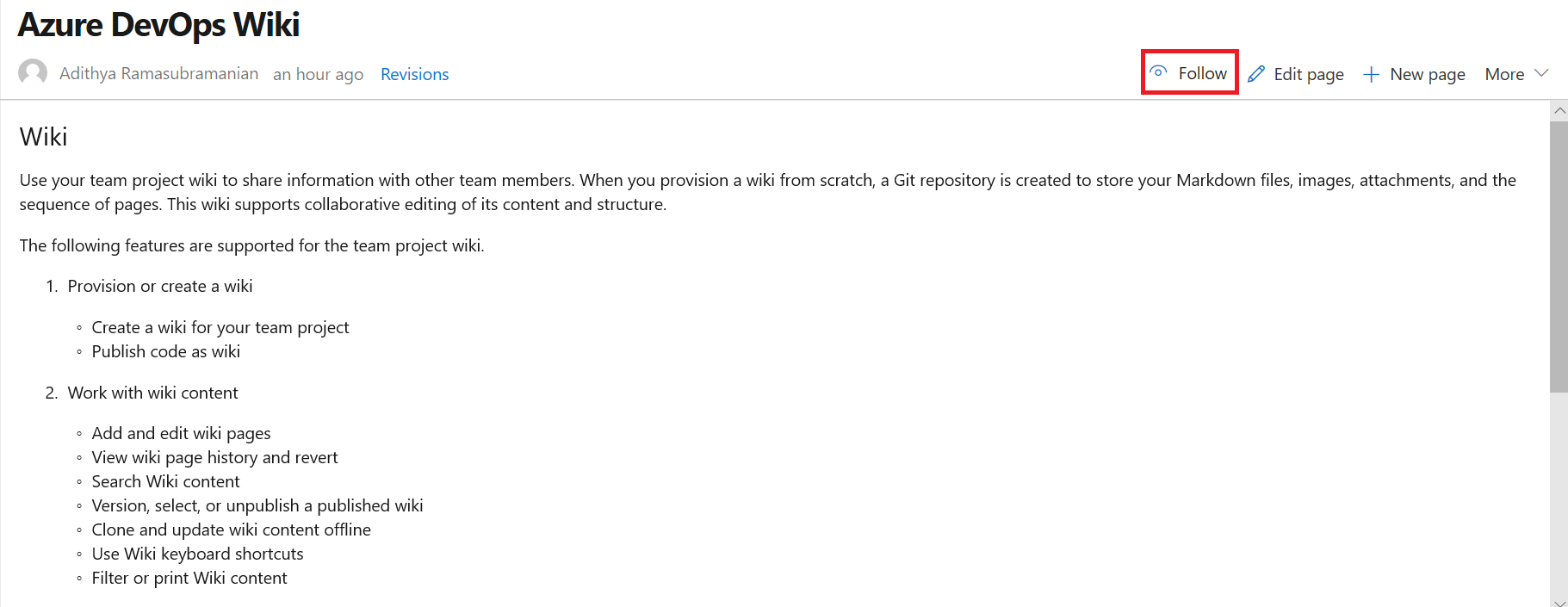 Takip Et seçeneğinin vurgulu olduğu Azure DevOps Wiki sayfasının ekran görüntüsü.