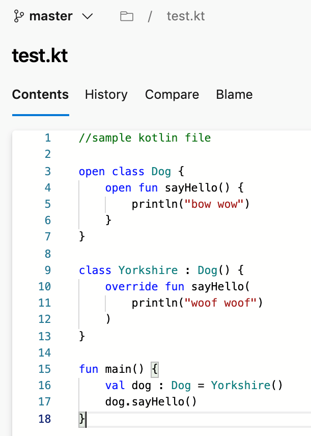 Kullanıcı arabiriminde görüntülenen Kotlin dosyasının ekran görüntüsü.