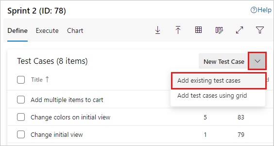 Seçecek Mevcut test çalışmalarını ekle seçeneğini gösteren ekran görüntüsü.