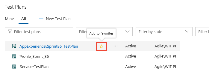 Tüm test planları listesi, bir test planını sık kullanılanlara ekleyin.