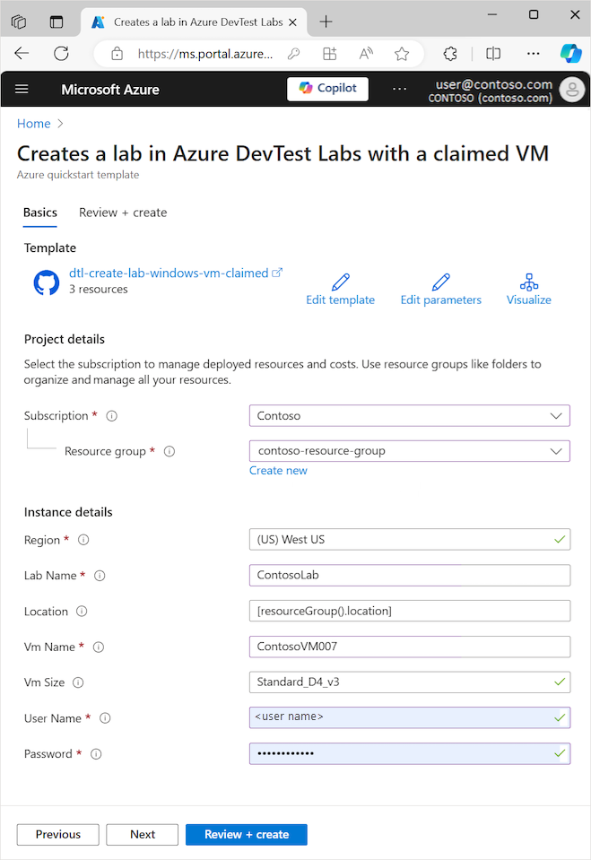 Azure DevTest Labs'de iddia edilen vm şablonuyla laboratuvar oluşturur'a dayalı yeni bir VM'nin yapılandırma sayfasının ekran görüntüsü.