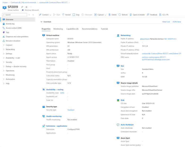 Seçili ortam VM'sinin kullanılabilir eylemlerini gösteren ekran görüntüsü.