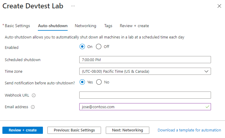 DevTest Labs Oluştur formundaki Otomatik kapatma sekmesinin ekran görüntüsü.