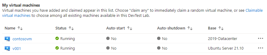 DevTest Labs sanal makineleri listesindeki tek V Ms listesini gösteren ekran görüntüsü.