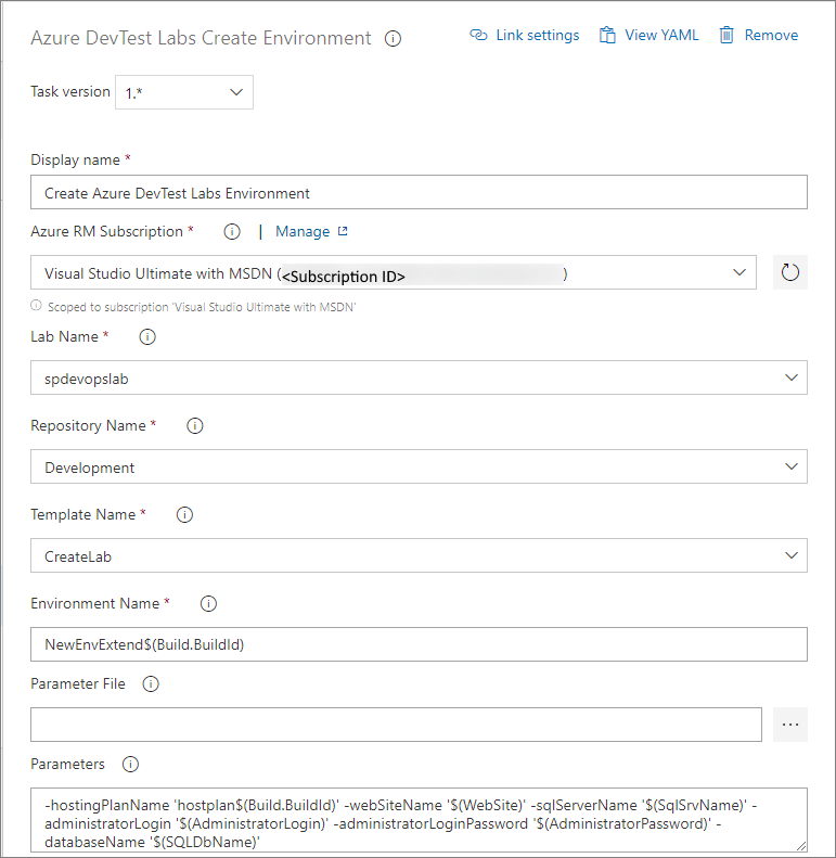 Azure DevTest Labs Ortamı Oluştur görevini gösteren ekran görüntüsü.