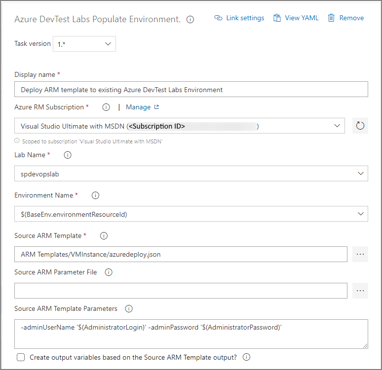 Azure DevTest Labs Ortamını Doldur görevini gösteren ekran görüntüsü.