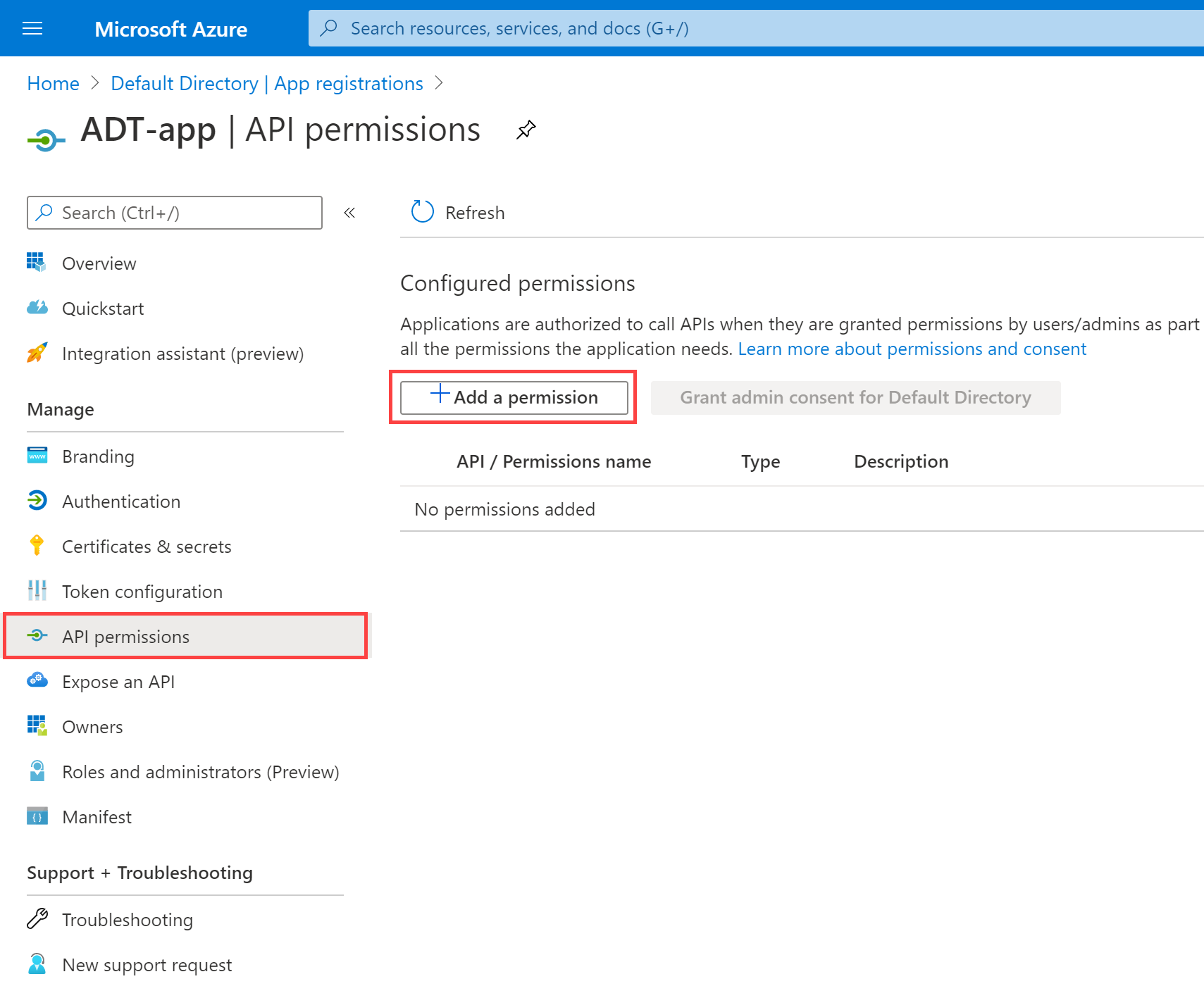 Azure portalında 'API izinleri' menü seçeneğini ve 'İzin ekle' düğmesini vurgulayan uygulama kaydının ekran görüntüsü.