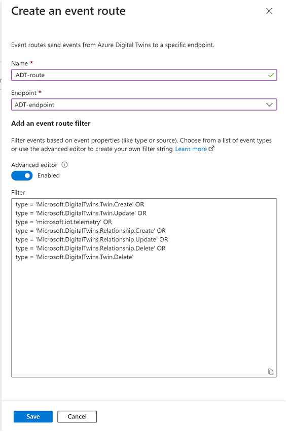 Azure portalında gelişmiş filtreyle olay yolu oluşturma işleminin ekran görüntüsü.