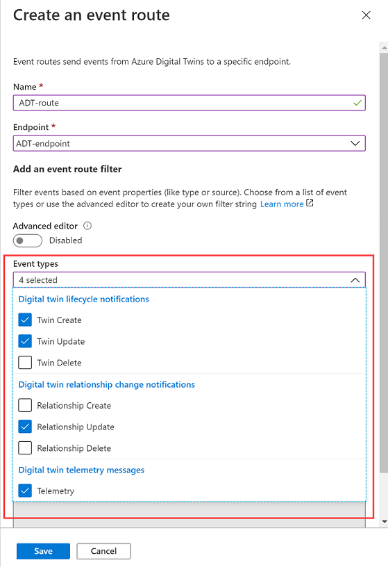 Azure portalında olayların onay kutularını vurgulayan temel bir filtreyle olay yolu oluşturma işleminin ekran görüntüsü.