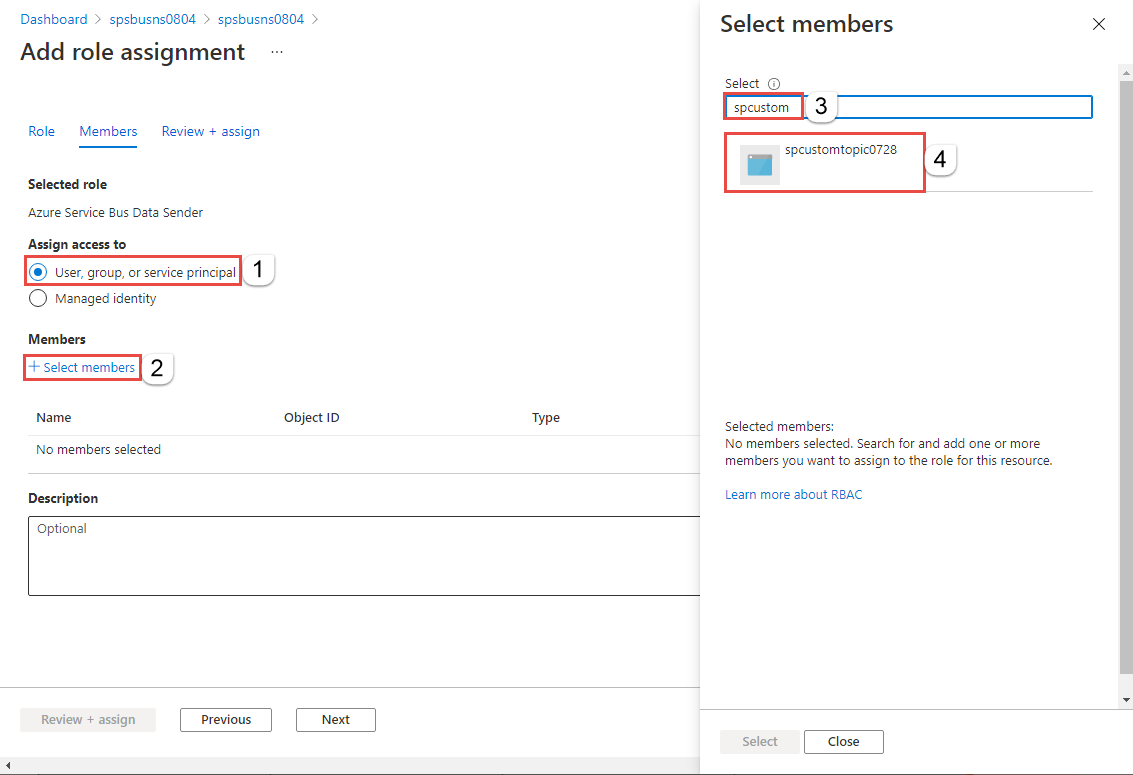 Image showing the selection of the User, group, or service principal option