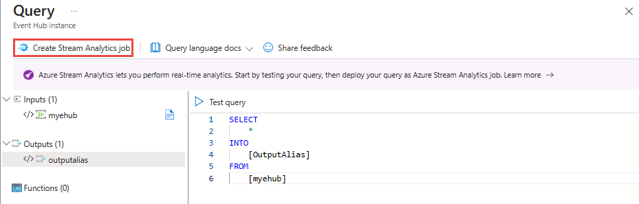 Stream Analytics işi oluştur bağlantısının seçili olduğu Sorgu sayfasının ekran görüntüsü.