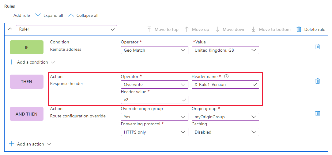 Screenshot of custom version header rule.