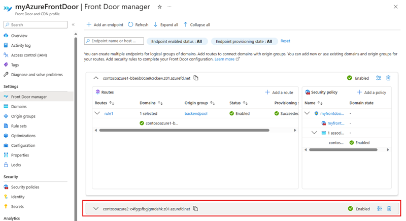 Front Door yöneticisindeki uç noktaların listesinin ekran görüntüsü.