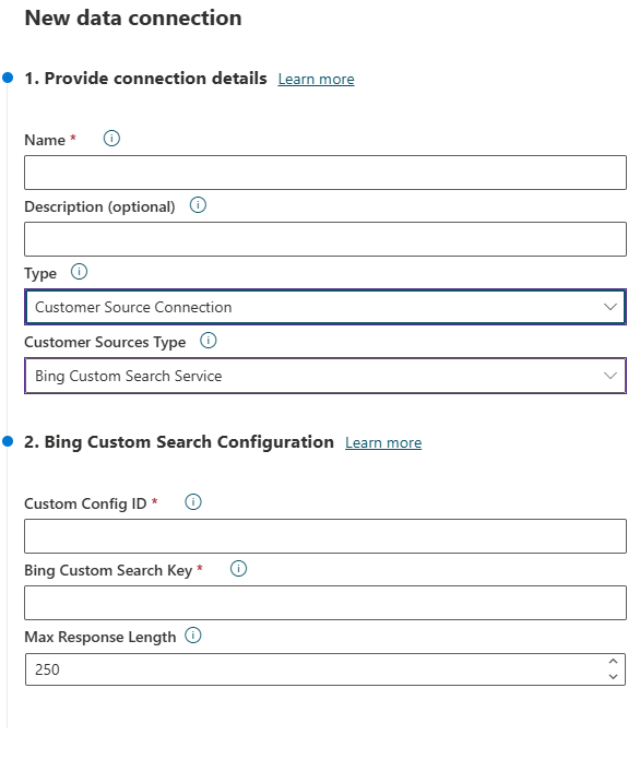 Screenshot of a new Customers Source Connection Bing Custom Search