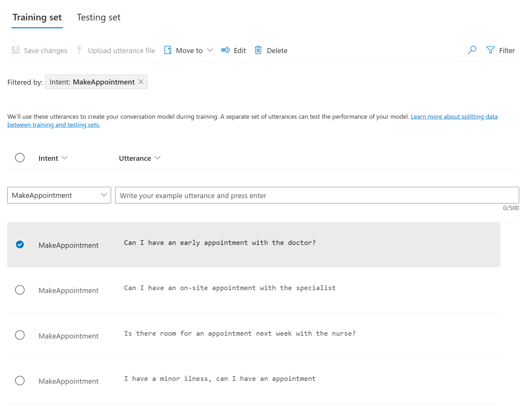 Screenshot of the language studio, utterances overview