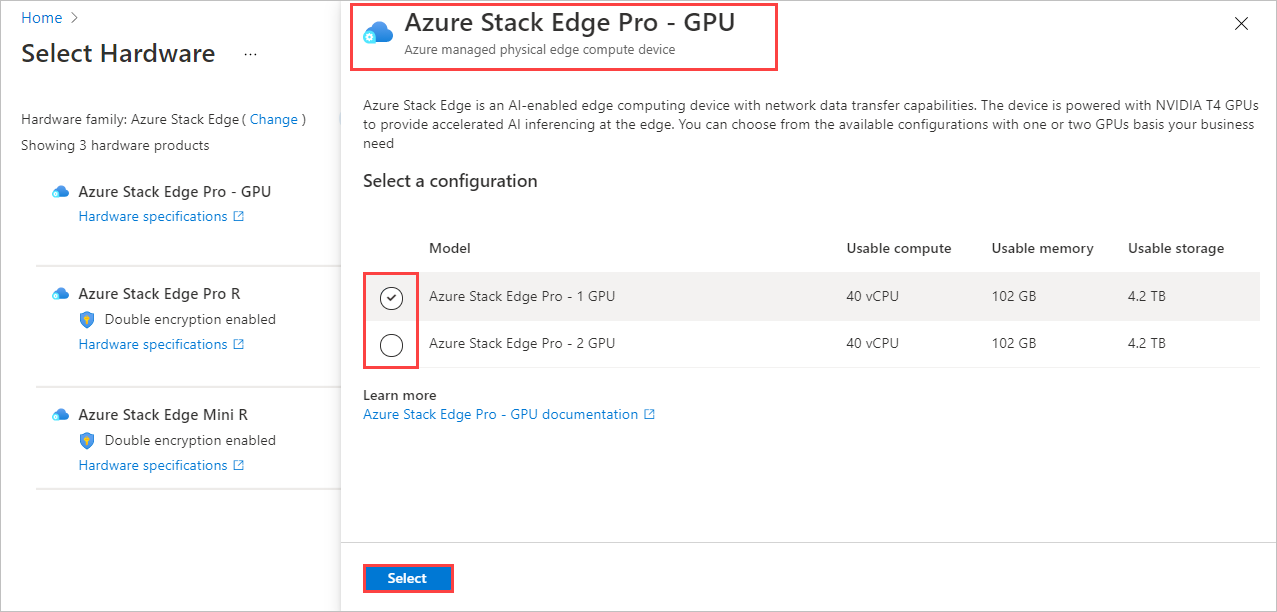 Azure Edge Donanım Merkezi sırasına göre bir donanım ürünü için donanım yapılandırmasını seçmeye yönelik ekran görüntüsü. Donanım ürün ve yapılandırma seçenekleri vurgulanır.