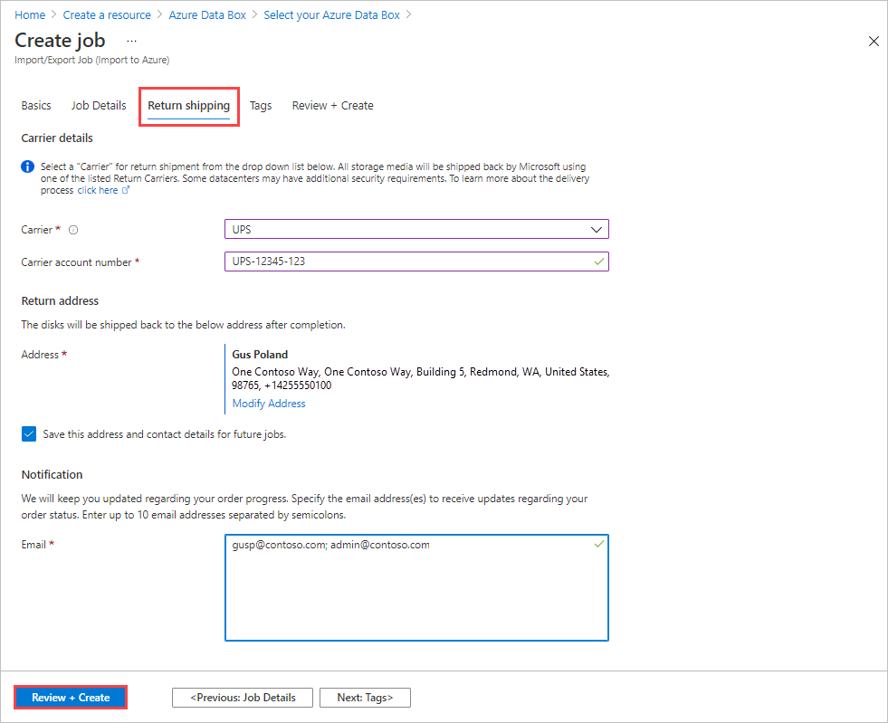 Azure Data Box'ta tüm alanların doldurulduğu içeri aktarma işinin İade Gönderimi sekmesinin ekran görüntüsü. İade Gönderimi sekmesi ve Artı Oluştur'u Gözden Geçir düğmesi vurgulanır.