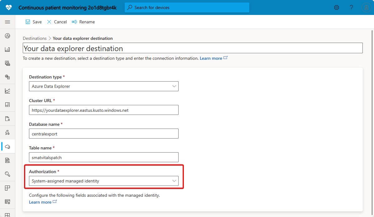 Yönetilen kimlik kullanan Azure Veri Gezgini dışarı aktarma hedefinin ekran görüntüsü.