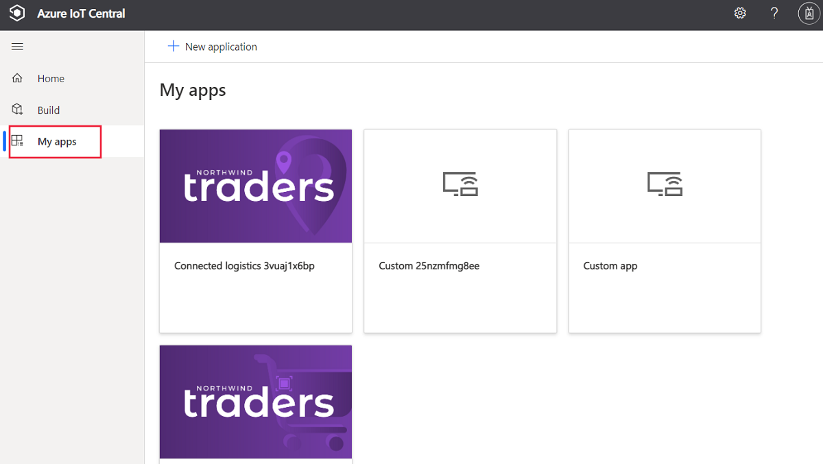 Erişebileceğiniz uygulamaların listesini gösteren IoT Central uygulama yöneticisinin ekran görüntüsü.