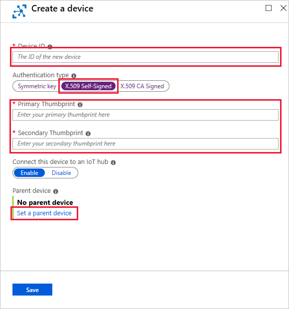 Azure portalında X.509 otomatik olarak imzalanan yetkilendirmeyle cihaz kimliğinin nasıl oluşturulacağını gösteren ekran görüntüsü.