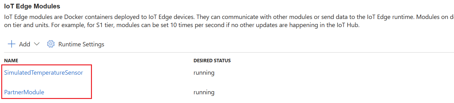 Azure portalında IoT Edge modül ayarlarını güncelleştirmek için modül listesi bağlantılarını gösteren ekran görüntüsü.