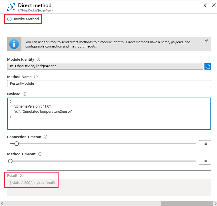 Azure portalında RestartModule doğrudan yöntemini çağırmayı gösteren ekran görüntüsü.