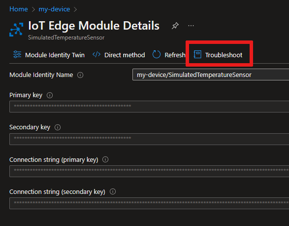 Azure portalındaki Sorun Giderme sekmesinin modül ayrıntıları sayfasının konumunun ekran görüntüsü.