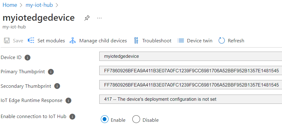 Azure portalında IoT Hub cihaz ayarlarının ekran görüntüsü. Sertifika parmak izi alanları değerleri gösterir.