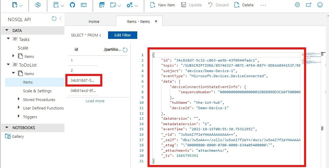 Cosmos DB koleksiyonunda yeni oluşturulan bağlantı durumu olayının ekran görüntüsü.