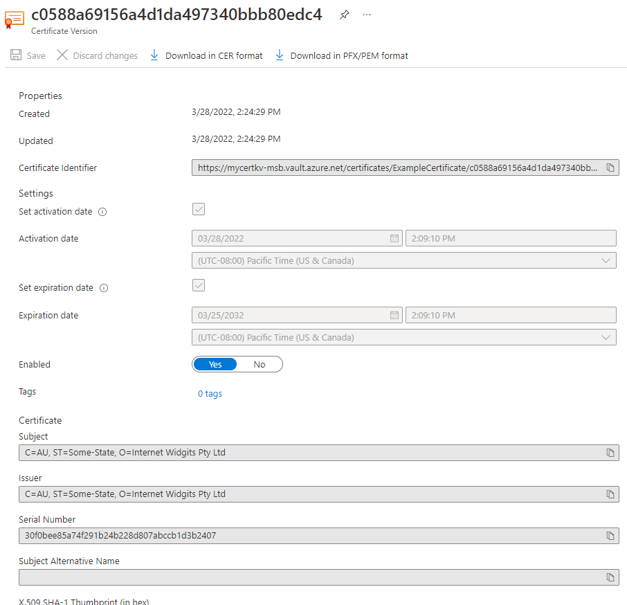 Azure portalında yeni içeri aktarılan bir sertifikanın özellikleri