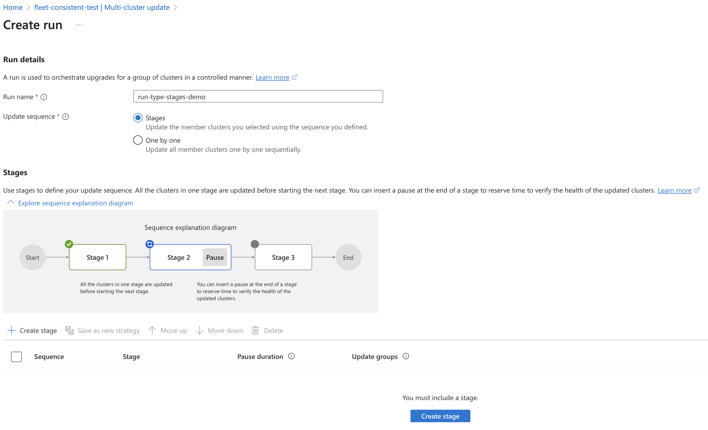 Güncelleştirme çalıştırması içinde aşama modunu seçmeye yönelik Azure portalı sayfasının ekran görüntüsü.