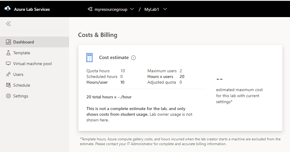 Azure Lab Services'de pano maliyeti tahminini gösteren ekran görüntüsü.