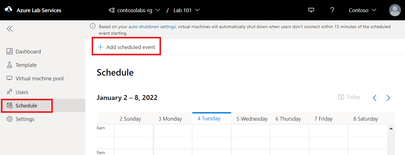 Zamanlanan olay ekle düğmesinin seçili olduğu Azure Lab Services “Zamanlama” sayfasını gösteren ekran görüntüsü.