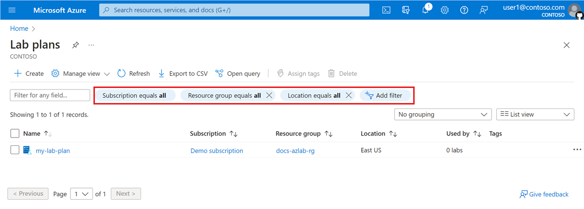 Azure portalında filtre seçeneklerini vurgulayan laboratuvar planlarının listesini gösteren ekran görüntüsü.