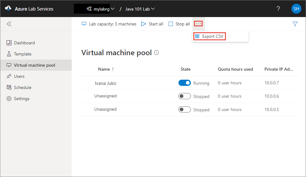 Azure Lab Services'da sanal makine havuzu sayfasının ekran görüntüsü. CSV'yi Dışarı Aktar menü öğesi vurgulanır.