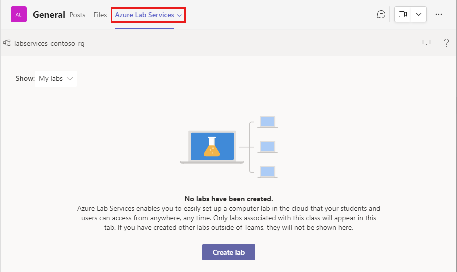 Microsoft Teams'de Azure Lab Service giriş ekranını gösteren ve Azure Lab Services sekmesini vurgulayan ekran görüntüsü.