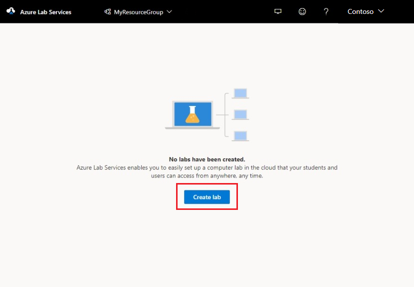 Azure Lab Services portalının ekran görüntüsü. Yeni laboratuvar düğmesi vurgulanır.