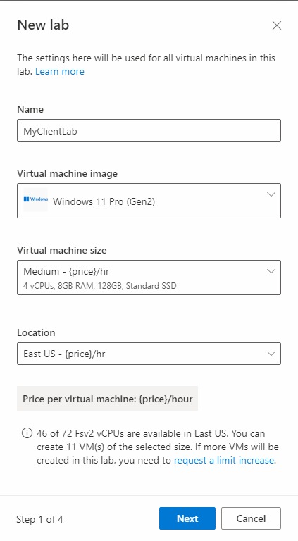 Azure Lab Services için Yeni laboratuvar penceresinin ekran görüntüsü.