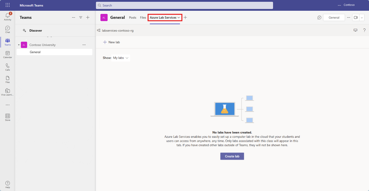 Teams'de Azure Lab Services sekmesini gösteren ekran görüntüsü.