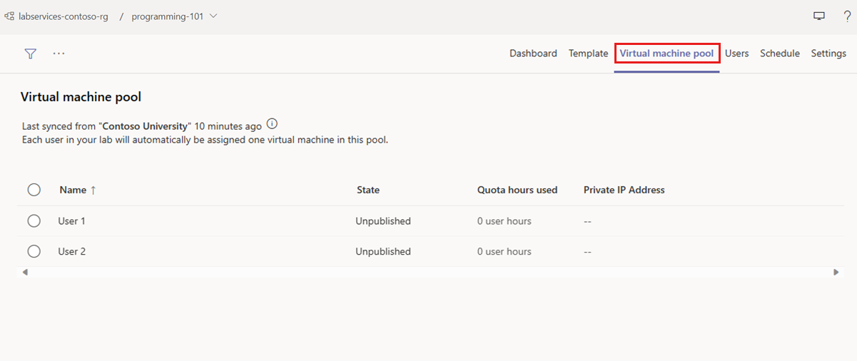 Şablonsuz laboratuvar için Sanal makine havuzu sayfasının ekran görüntüsü.
