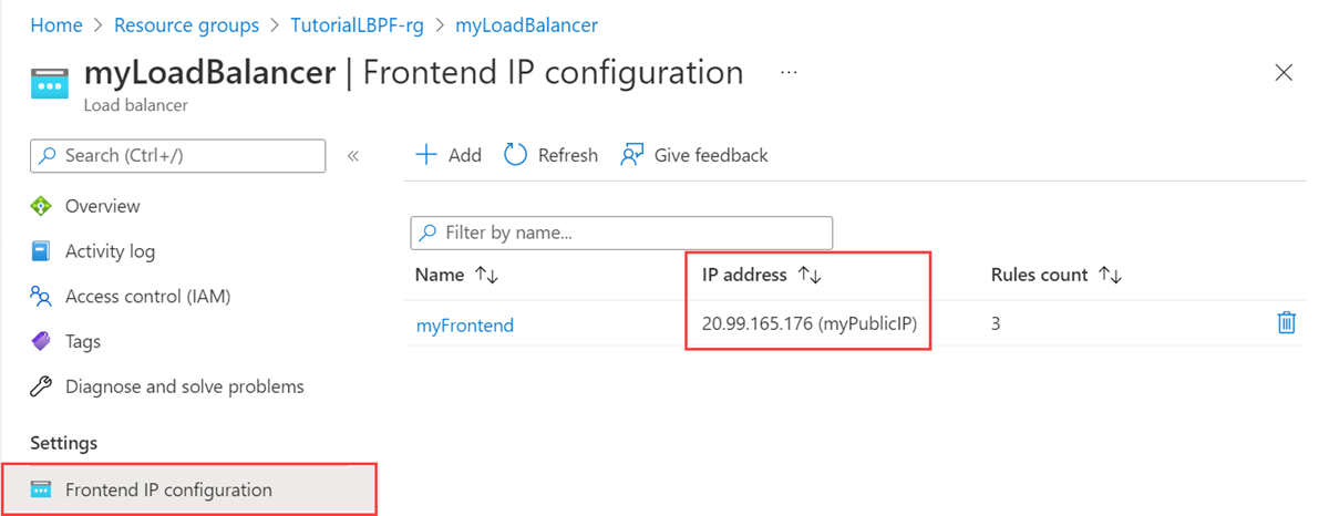 Azure portalında genel IP'nin ekran görüntüsü.