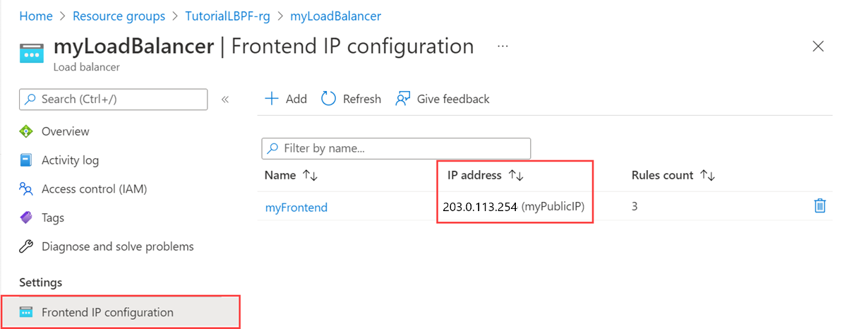 Azure portalında genel IP'nin ekran görüntüsü.