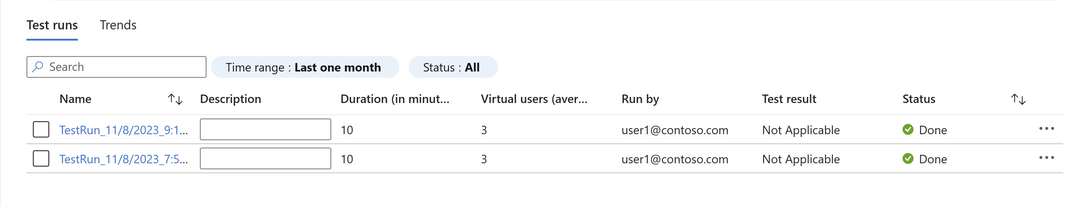 Azure Yük Testi kaynağındaki test çalıştırmalarının listesini gösteren ekran görüntüsü.