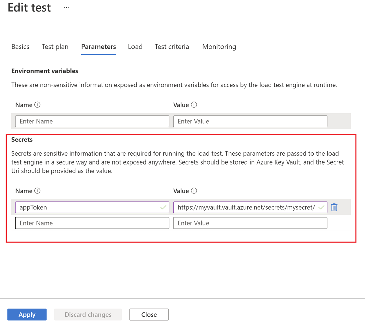 Azure portalında yük testine gizli dizi ayrıntılarının nereye ekleneceğini gösteren ekran görüntüsü.