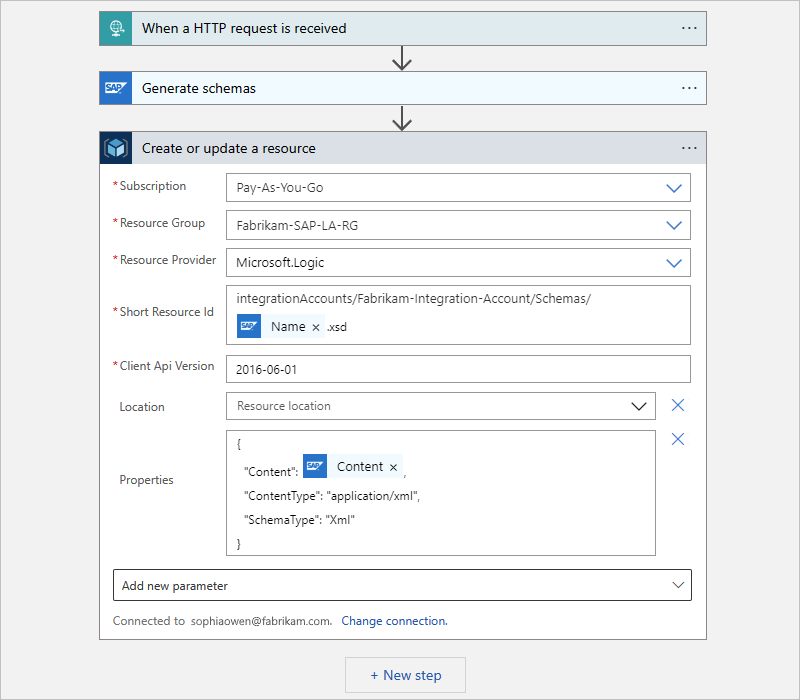 Konum ve Özellikler adlı parametreler eklenmiş Tüketim iş akışını ve Azure Resource Manager eylemini gösteren ekran görüntüsü.