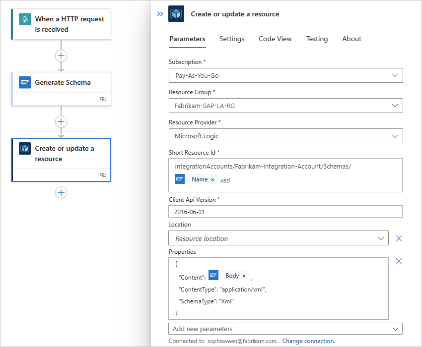 Konum ve Özellikler adlı parametrelerin eklendiği Standart iş akışı ve Azure Resource Manager eylemini gösteren ekran görüntüsü.