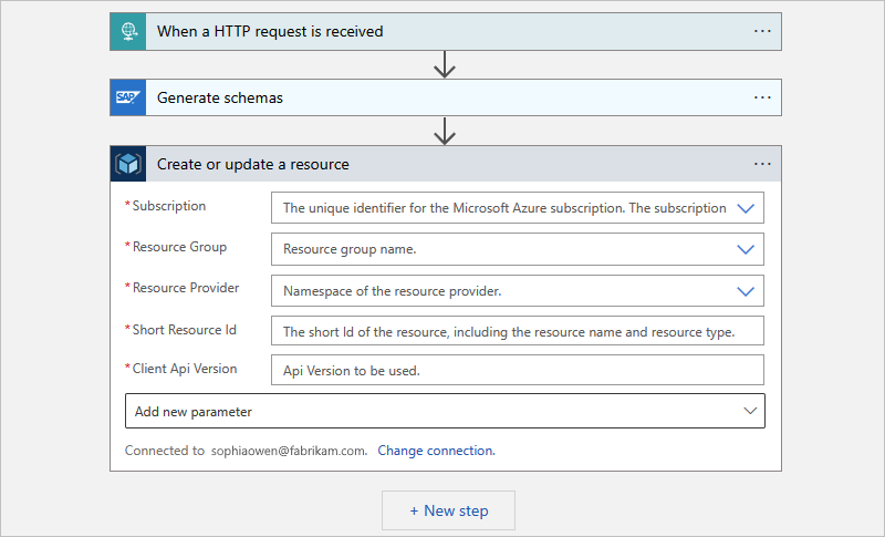 Tüketim iş akışını ve Kaynak oluştur veya güncelleştir adlı bir Azure Resource Manager eylemini gösteren ekran görüntüsü.