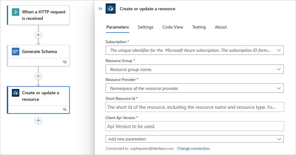 Standart iş akışı ve Kaynak oluştur veya güncelleştir adlı bir Azure Resource Manager eylemini gösteren ekran görüntüsü.