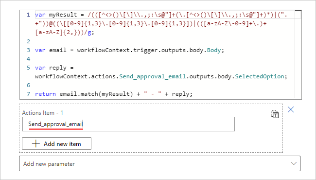 Eylemler Öğesi -1 kutusunu ve eylemin JSON adını gösteren ekran görüntüsü.